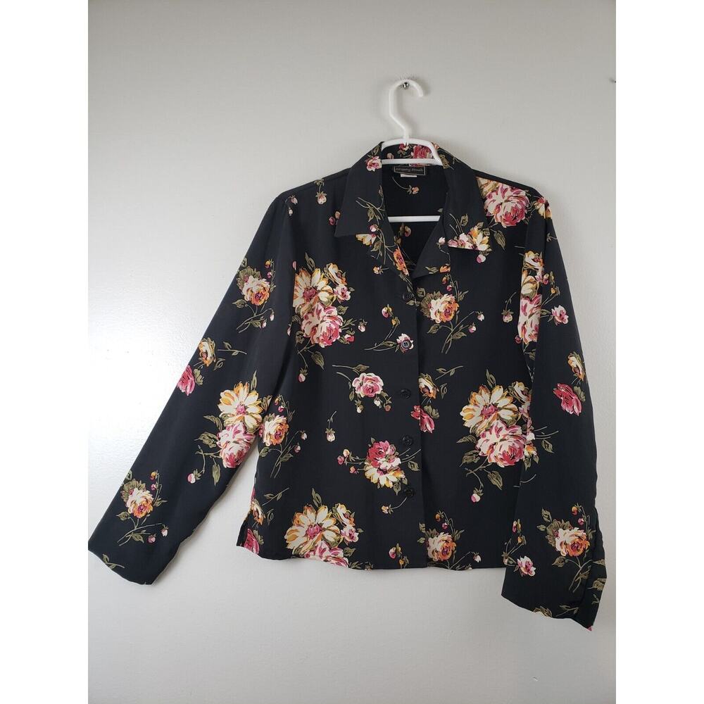 (F5) Vintage INTRIGUING THREADS Womens Blouse Size 12 Floral Long Sleeve Black